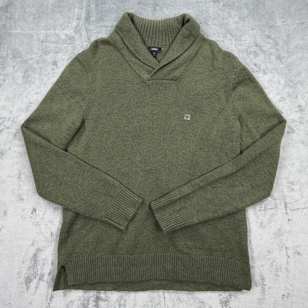 Express Mens Medium Shawl Collar Sweater Olive Green Knit Pullover NWT